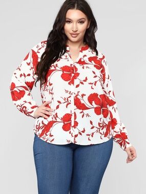 Fashion Nova Red Floral Button-Front Emotions Top